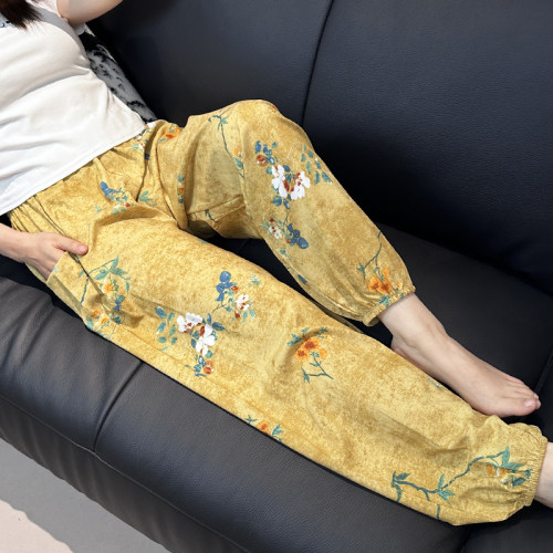 加长大码棉绸睡裤女士夏季薄款人造绵绸可外穿家居碎花长裤子宽松