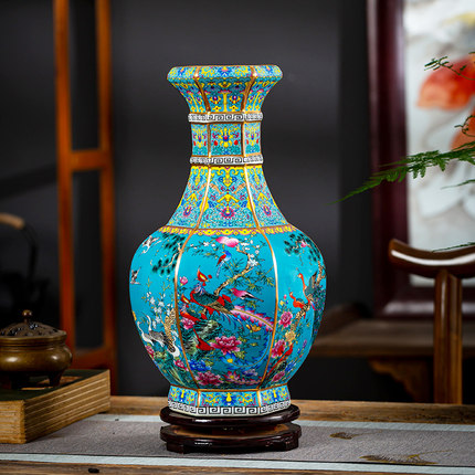 景德镇陶瓷器珐琅彩插花瓶仿清乾隆中式家居摆件玄关博古架装饰品