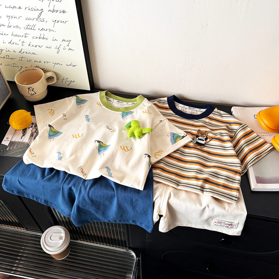 新款 儿童T恤套装纯棉男童玩偶夏装宽松抗菌宝宝短裤婴儿A类衣服