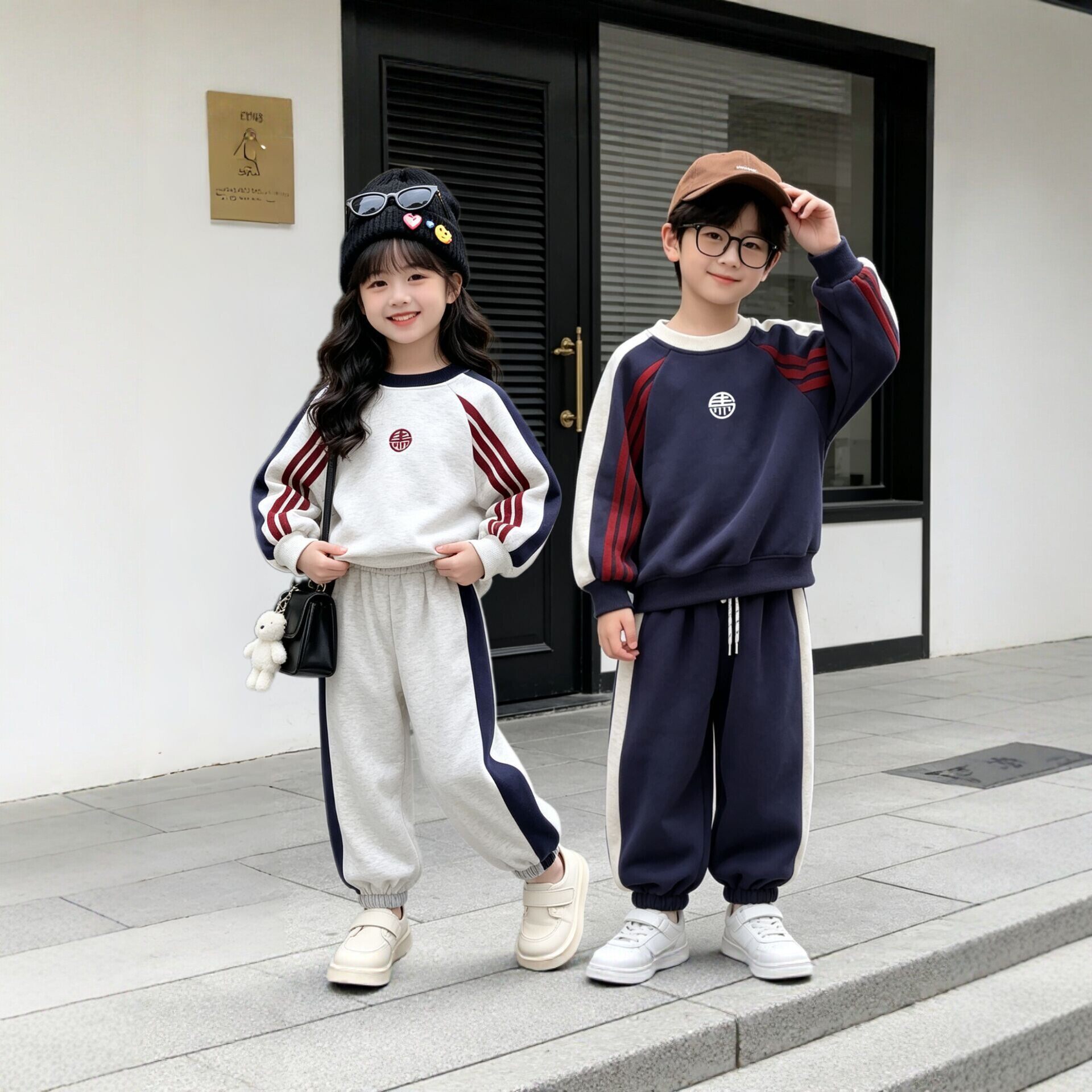 刺绣儿童休闲卫衣套装男女童秋款拼色运动两件套小学生学院风穿搭