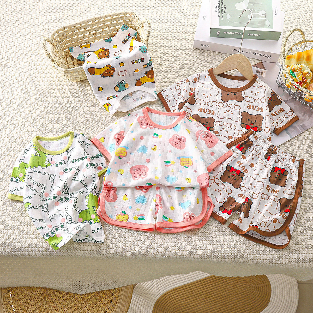 夏季儿童短袖短裤套装纯棉t恤纯棉空调服女童男女宝宝薄款童装