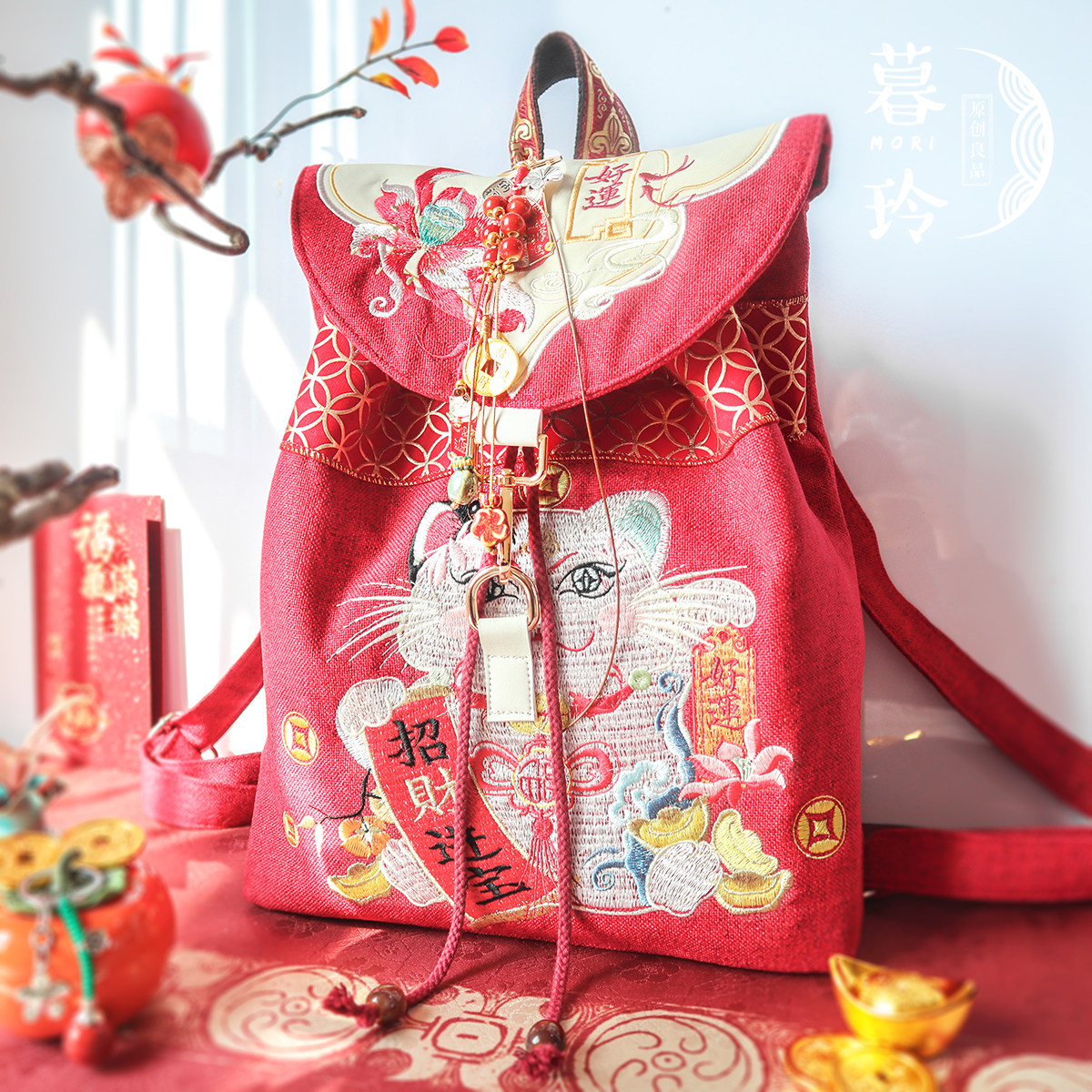 15寸电脑中国风古风汉服文艺复古民族风刺绣帆布双肩包少女书包