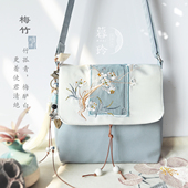 新品 加厚斜挎手机包帆布刺绣中式 古风文艺森系百搭复古拉链小方包