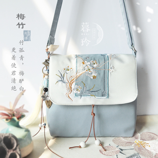 新品加厚斜挎手机包帆布刺绣中式古风文艺森系百搭复古拉链小方包