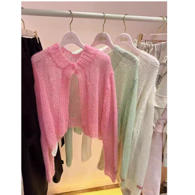 ka2026早春 手工钩马海毛纤细柔软透视前后两面穿针织衫