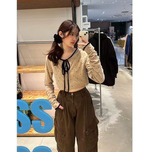 kas2026春季 撞色系带前后两面穿复古丝绒波点小衫