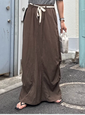 CP2025秋季 休闲褶皱系带尼龙工装风半身长裙QC