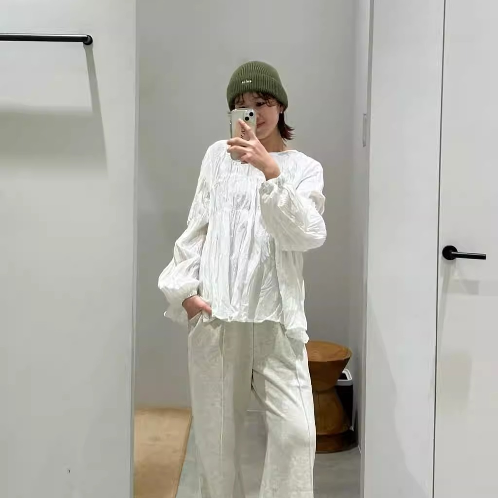 DC2025春夏 皱皱感宽松灯笼袖圆领小衫QC