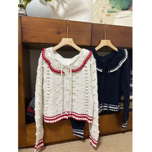 韩D2025冬季 高货纯正减龄学院风手钩豆豆系带荷叶领毛衣