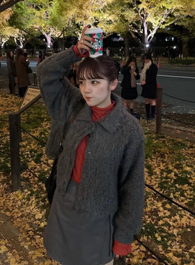 kas2024冬季 拼接拉毛款甜美小翻领短款毛衣开衫QC