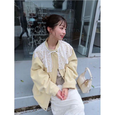 kas2026春季 小立领大插袋宽松休闲牛仔外套配蕾丝领