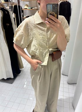 K*F2026夏季 清新格纹简约百搭短袖短款衬衫