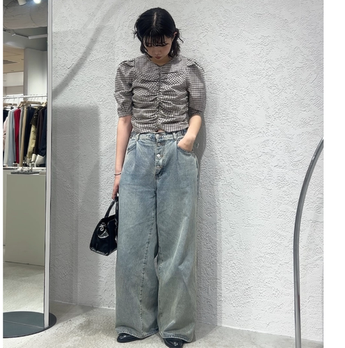 K*F2026春夏 复古小格子胸前褶皱泡泡五分袖小衫