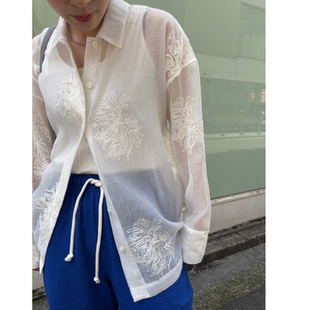 纯正!2026春夏 立体刺绣大花朵半透视气质长袖衬衫