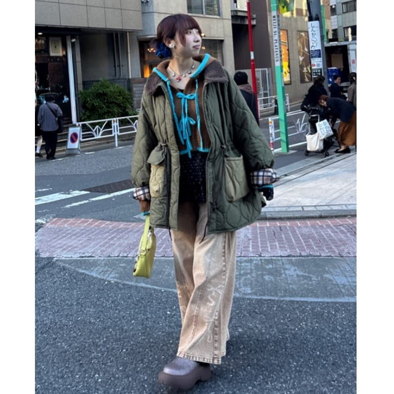 CP2025冬季 配色绗缝压花收腰中长款棉衣外套