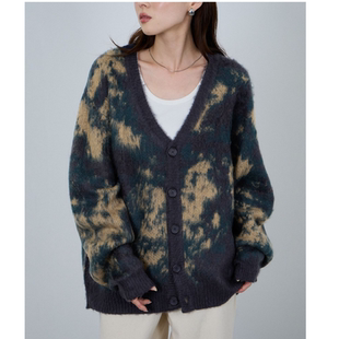 小众2025冬季 配色花纹拉毛V领男女同款毛衣开衫