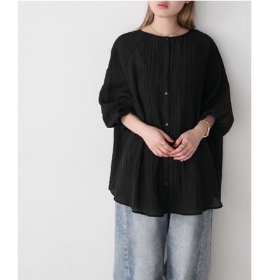 forksy2025夏季 自然褶皱灯笼袖宽松凉感衬衫QC