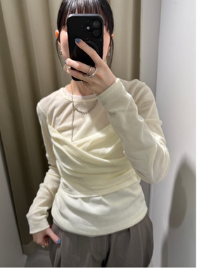 K*F2026春季 薄款丝绒胸前褶皱假两件设计小衫