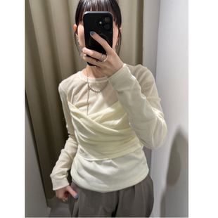 丝绒胸前褶皱假两件设计小衫 薄款 F2026春季