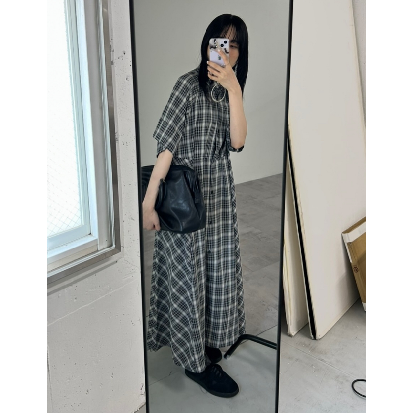 K*F2025夏季 复古配色格纹小翻领收腰长款连衣裙OP