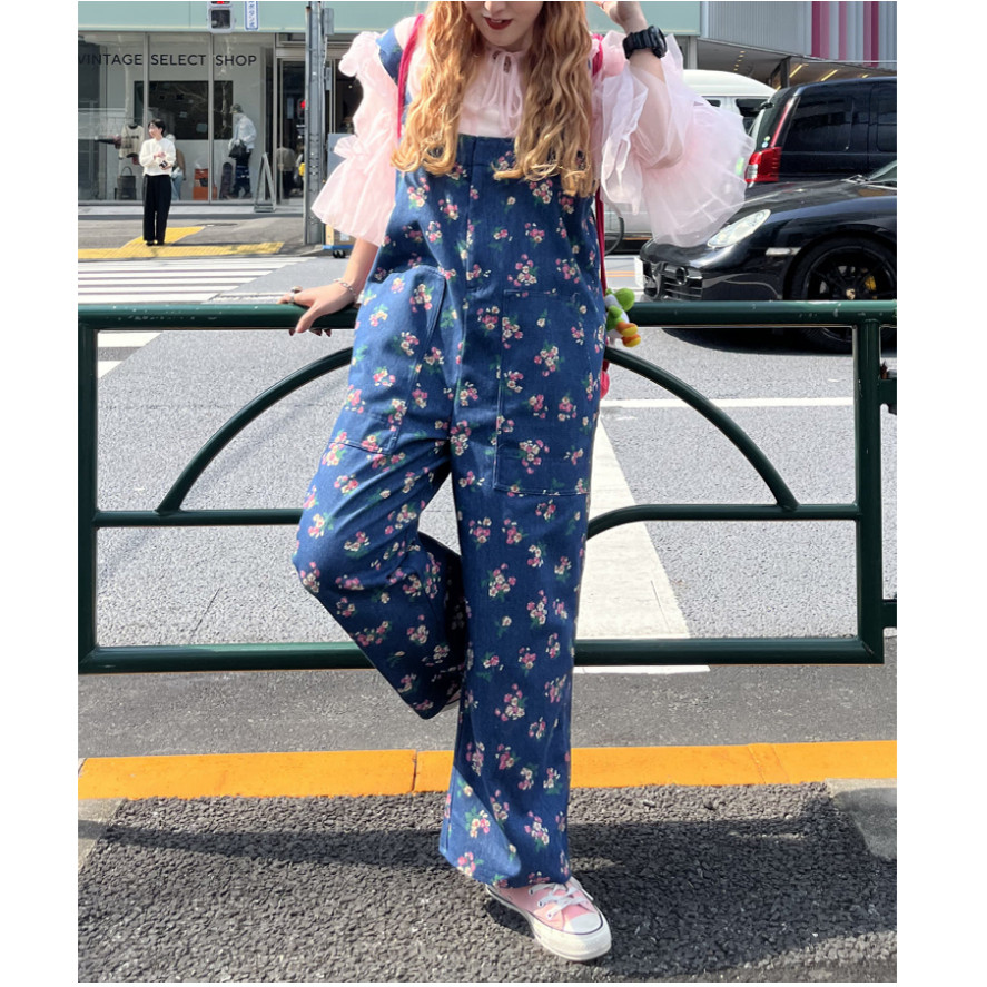 W2026春夏季 人气款 复古减龄印花可调肩带背带裤QC