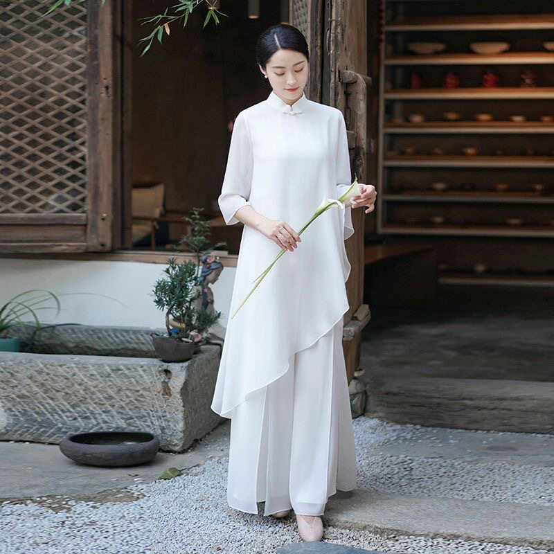 春秋新款中国风雪纺套装女白色飘逸禅意茶服仙气中式休闲裤两件套