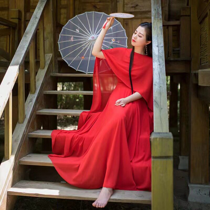 春夏新款古典风雪纺斗篷式披风连衣裙两件套女古琴茶禅服高腰长裙
