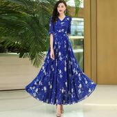 大摆碎花雪纺连衣裙女高腰大码 夏季 新款 气质V领显瘦度假沙滩长裙