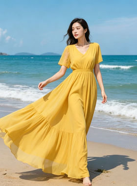 夏季新款黄色短袖雪纺连衣裙女气质V领高腰显瘦海边度假沙滩长裙