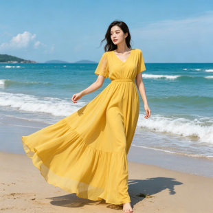 夏季新款黄色短袖雪纺连衣裙女气质V领高腰显瘦海边度假沙滩长裙