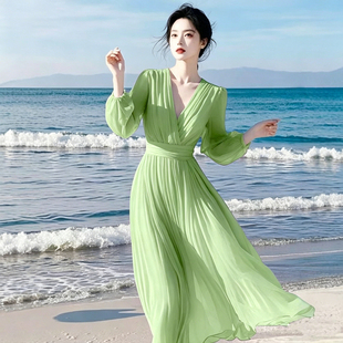 春夏新款雪纺连衣裙女长袖飘逸垂感显瘦高腰大摆旅游海边度假长裙