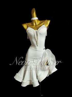 NeonDancer 新款女拉丁舞服 Alina新款白色大摆裙分体套装 艺考服