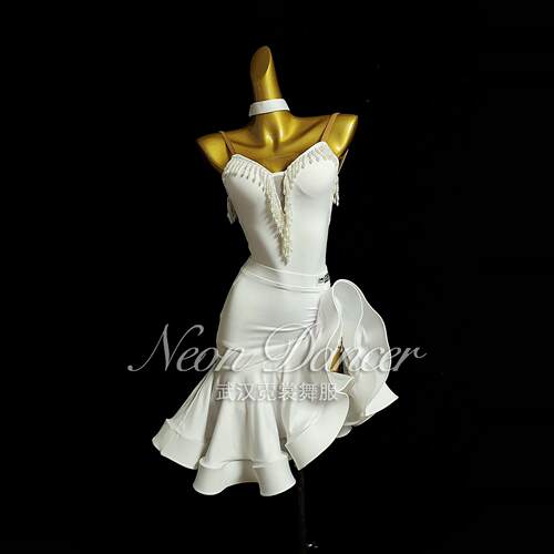 NeonDancer 新款女拉丁舞服 Alina新款白色大摆裙分体套装 艺考服