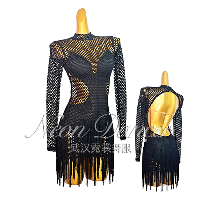 NeonDancer 新款女拉丁舞练功服 透视网眼流苏连衣裙+吊带打底衣