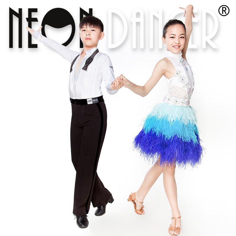 NeonDancer 少儿女拉丁赛服 渐变色鸵鸟毛大摆裙 高品质仿奥钻