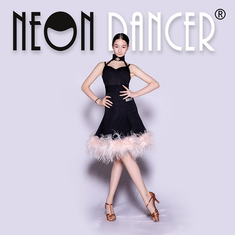 NeonDancer 专业拉丁舞服 Daria同款鸵鸟毛大摆连衣裙 比赛演出服