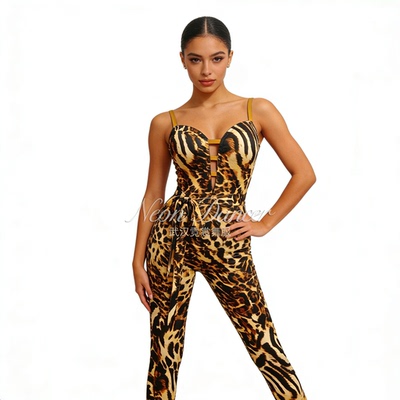 Neon Dancer 女拉丁舞练功服 新款豹纹连体裤 深V领吊带露背舞服