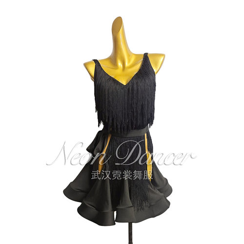 NeonDancer 专业女拉丁舞服 V领无袖双开衩大摆流苏连衣裙 艺考服