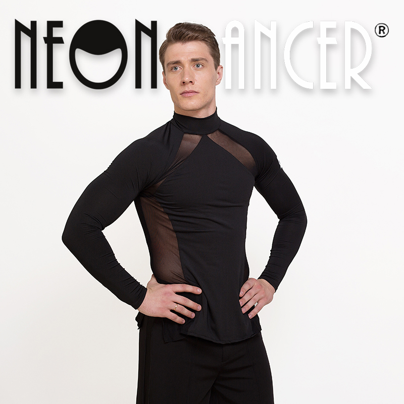 NEON DANCER 新款男拉丁舞上衣 表演练习服 腰部拼网纱高领上衣