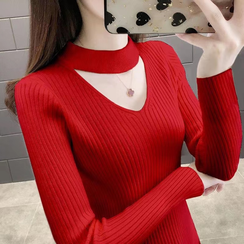 V领套头镂空挂脖针织衫