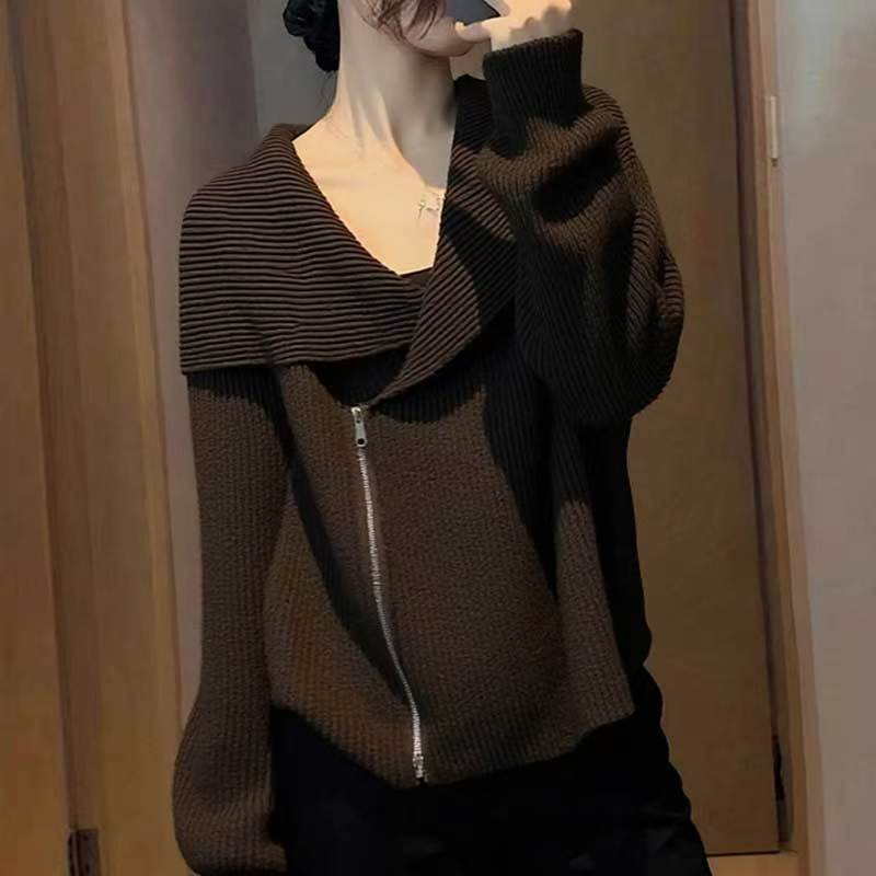 设计感拉链宽松长袖针织衫