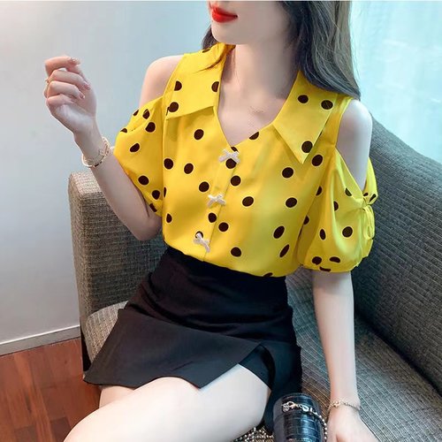 修身性感短袖雪纺波点衬衫女