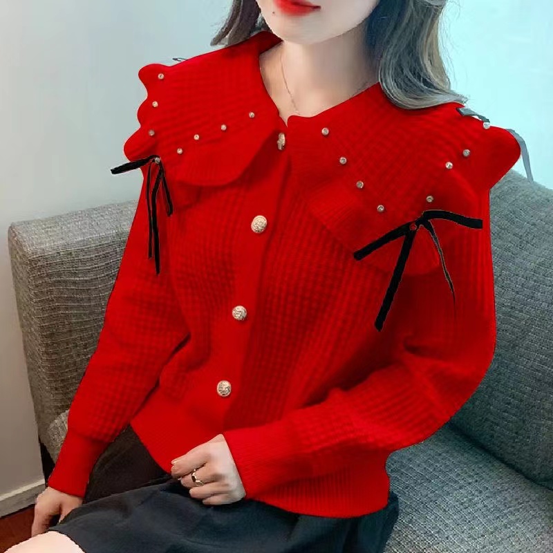 娃娃领开衫蝴蝶结长袖针织衫