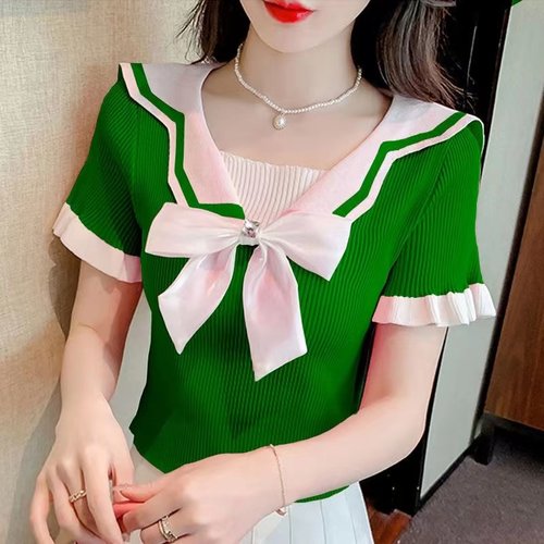 娃娃领蝴蝶结短袖小清新针织衫