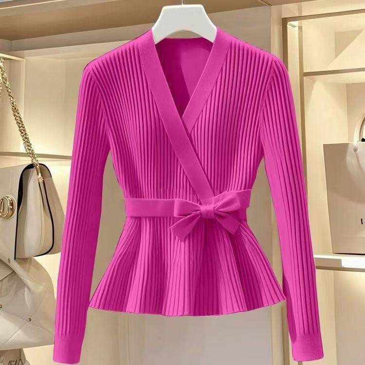 小香风蝴蝶结粉色针织上衣2024年秋冬新款气质百搭收腰毛衣外套女