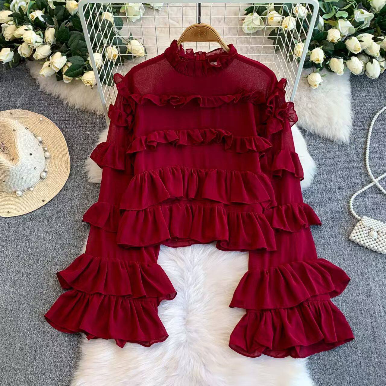 小众设计感甜美雪纺荷叶边圆领喇叭袖衬衫女春秋休闲宽松打底上衣