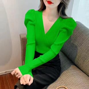 泡泡袖V领毛衣女2024秋冬新款交叉设计感法式套头性感针织打底衫