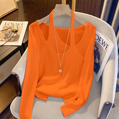 交叉挂脖不规则针织衫女2024秋冬新款性感露锁骨纯欲修身打底上衣