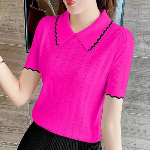 冰丝polo领套头镂空短袖针织衫