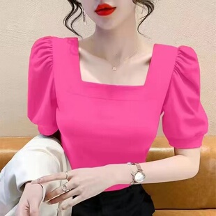 高级感方领锁骨短袖t恤女ins欧货2024新款夏季修身泡泡袖红色上衣
